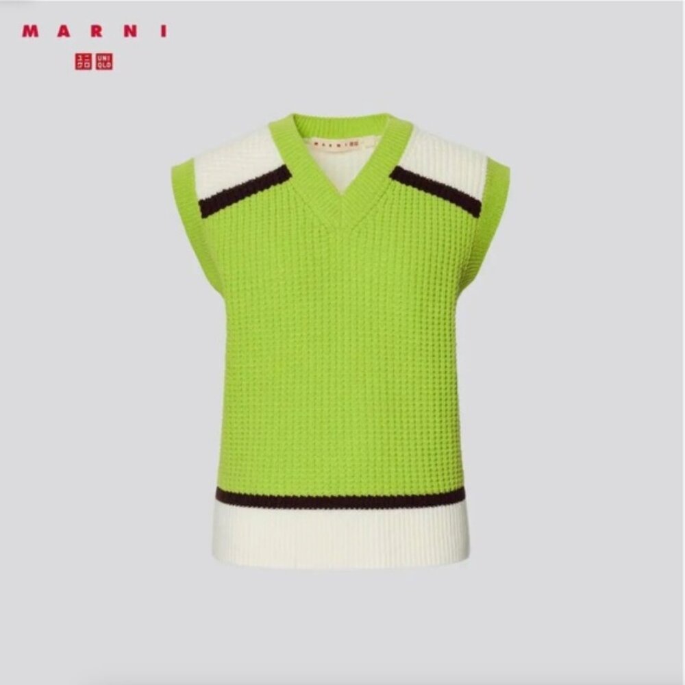 Uniqlo and Marni collab green and white popcorn touch of wool V-neck vest NWT